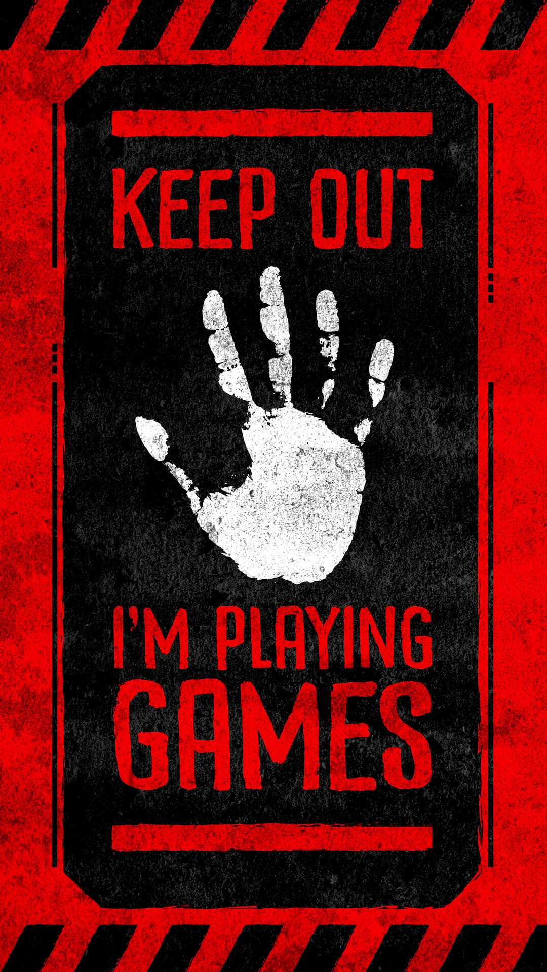 Keep Out text and a white handprint on a black background with red hazard stripes and a grungy texture.