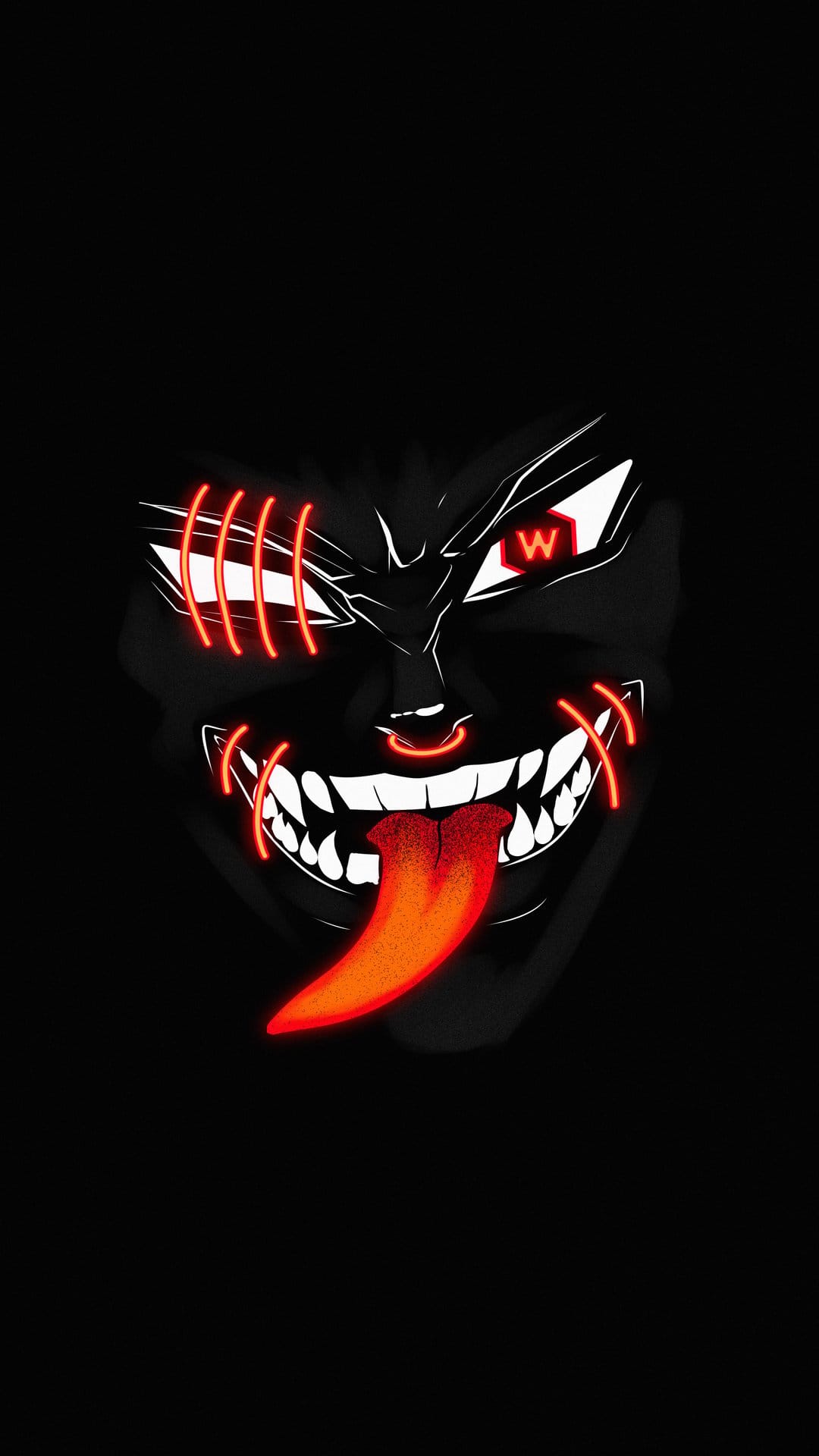 Demonic face with glowing red stitches, white eyes, a 'W' symbol, sharp teeth, and a luminous red tongue on black.