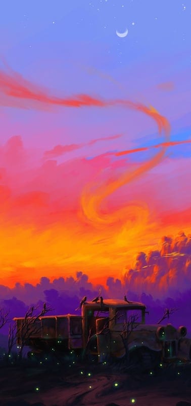 Digital art, fantasy, sunset, vibrant, abandoned, truck, birds, colorful, sky, whimsical, mysterious, dreamlike, nature, purple, orange, red, moon, stars, magical, ethereal