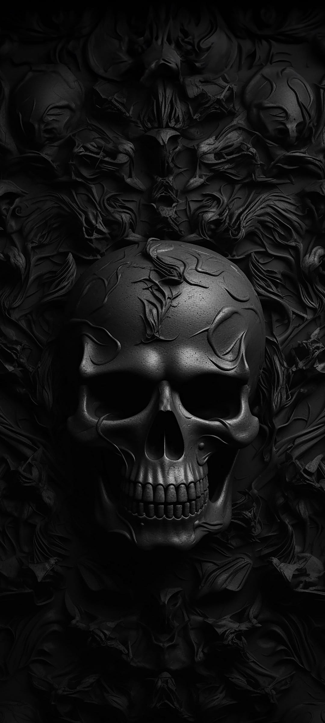 Human skull featuring intricate bone textures against a dark swirling abstract background in high contrast.