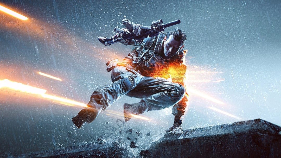 Soldier leaping over rubble in heavy rain with orange sparks and a suppressed rifle in a blue-toned landscape.