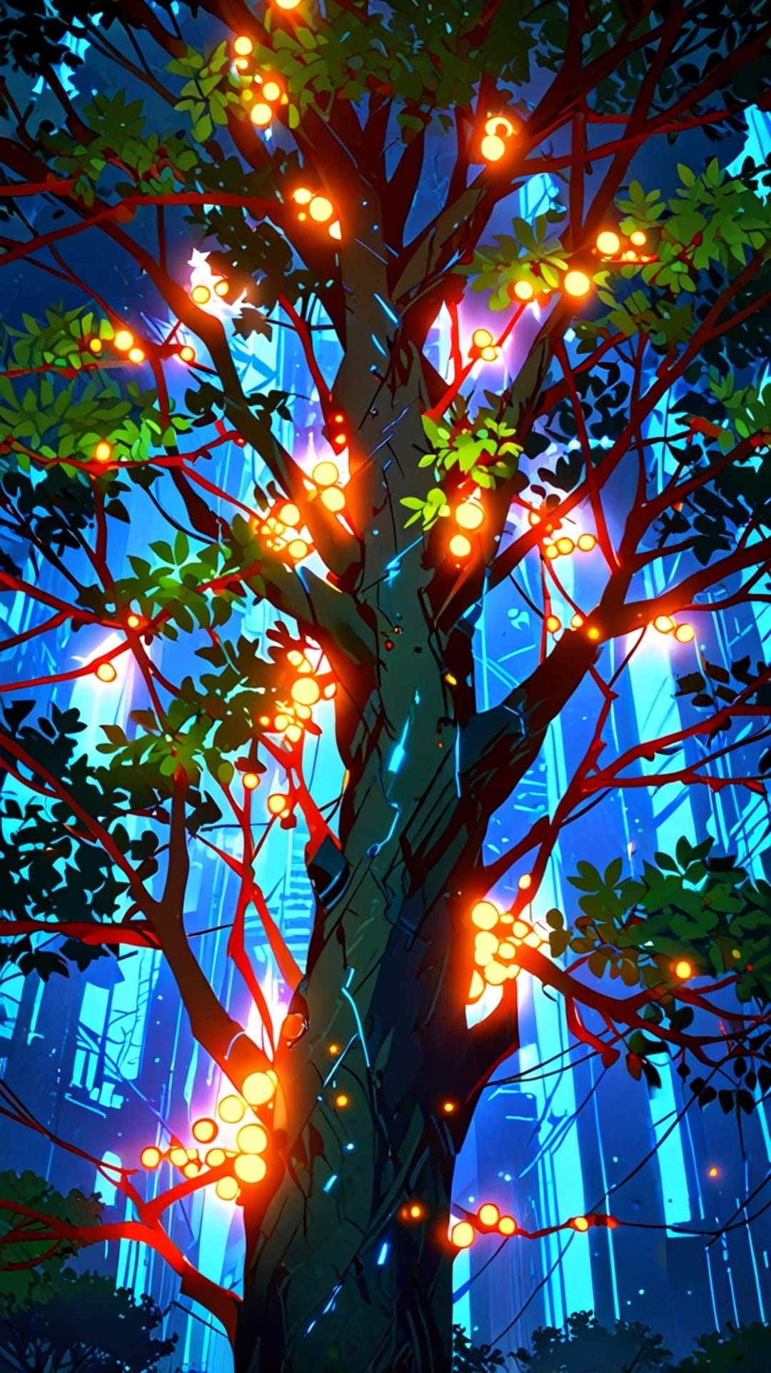 Glowing orange spheres hang from a large tree overlooking a misty blue and purple neon futuristic city at night.