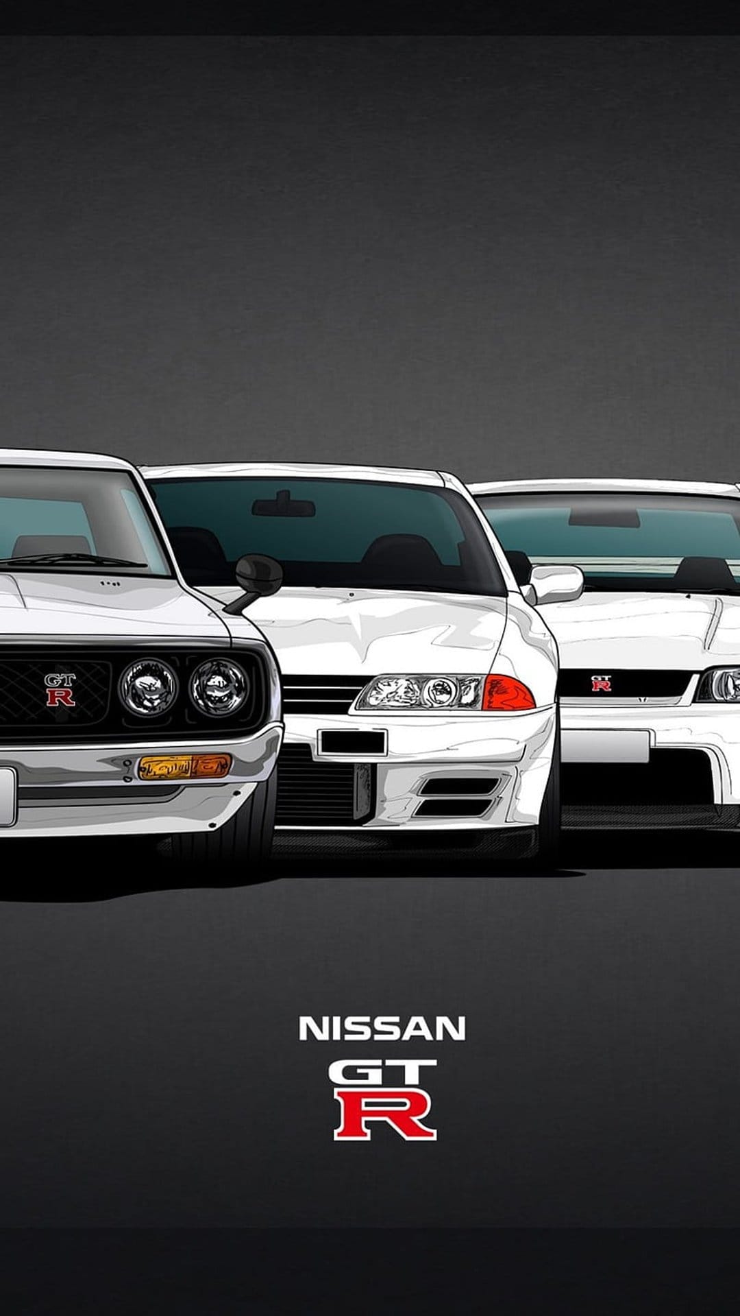 Three generations of white Nissan GT-R sports cars stacked vertically against a stark black minimalist backdrop.