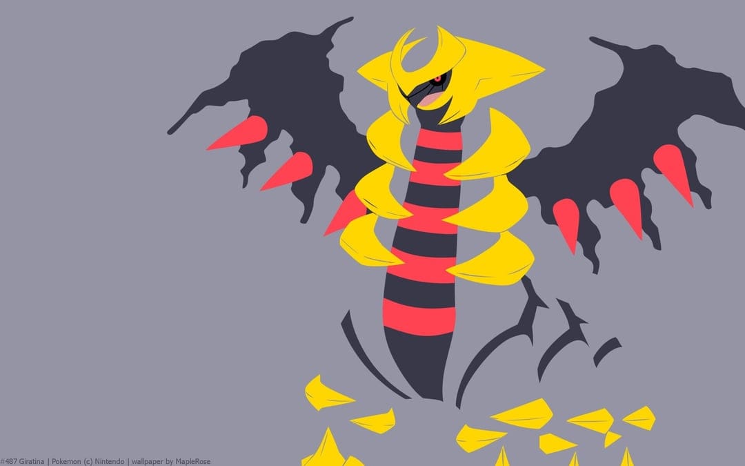 Giratina Origin Forme in minimal vector style with black wings and yellow armor against a flat gray background.