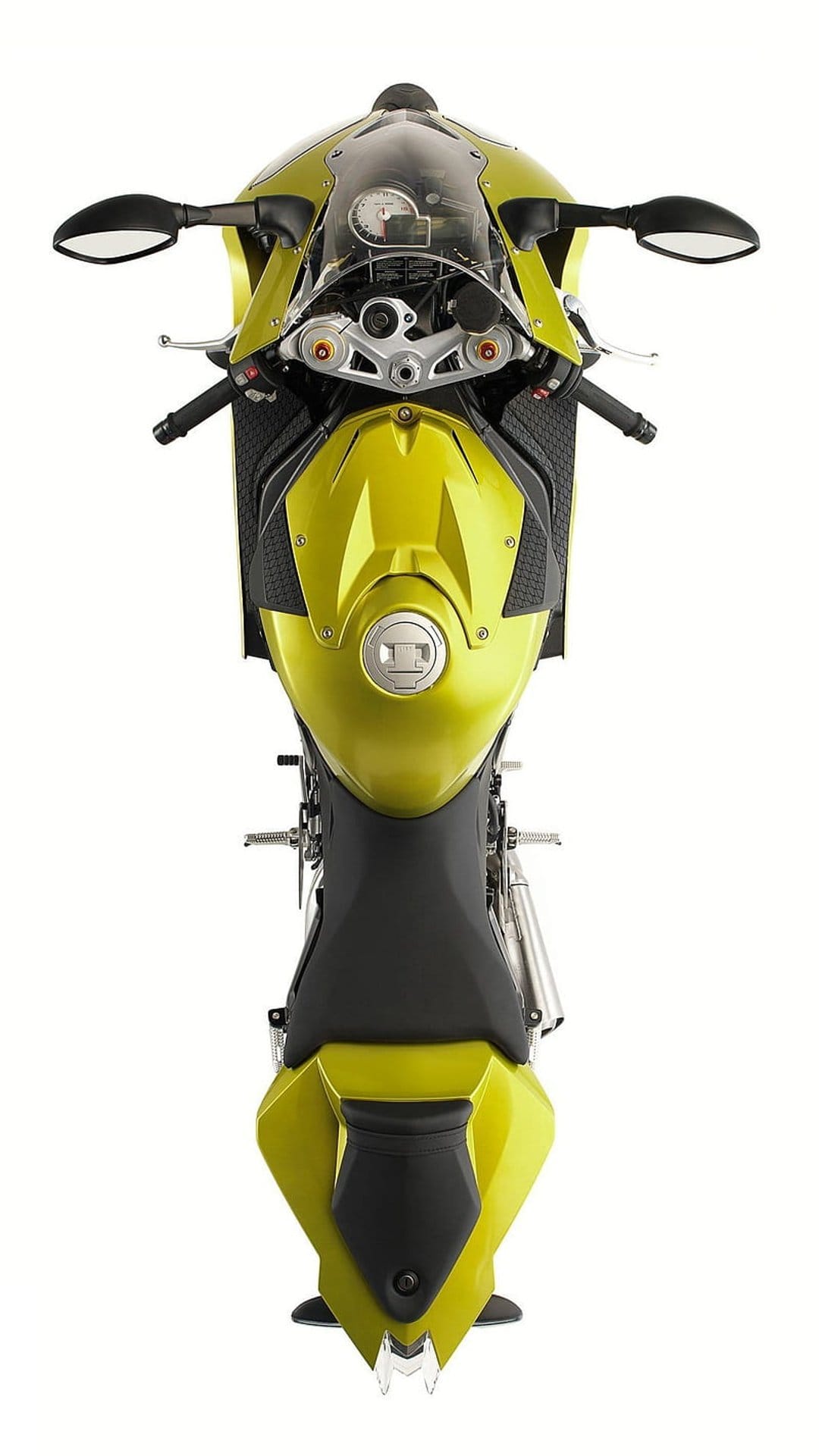 Yellow sport motorcycle top view showing the fuel tank, black handlebars, and aerodynamic fairing in detail.