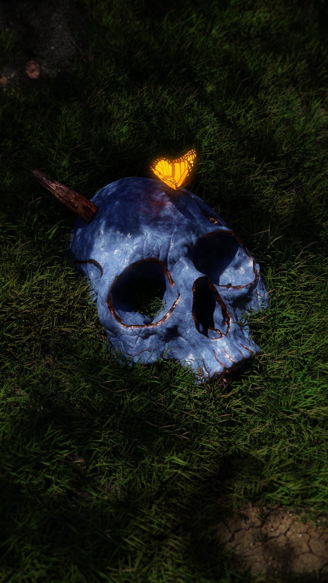 Blue skull with a single horn rests in green grass while a yellow butterfly perches on its forehead.