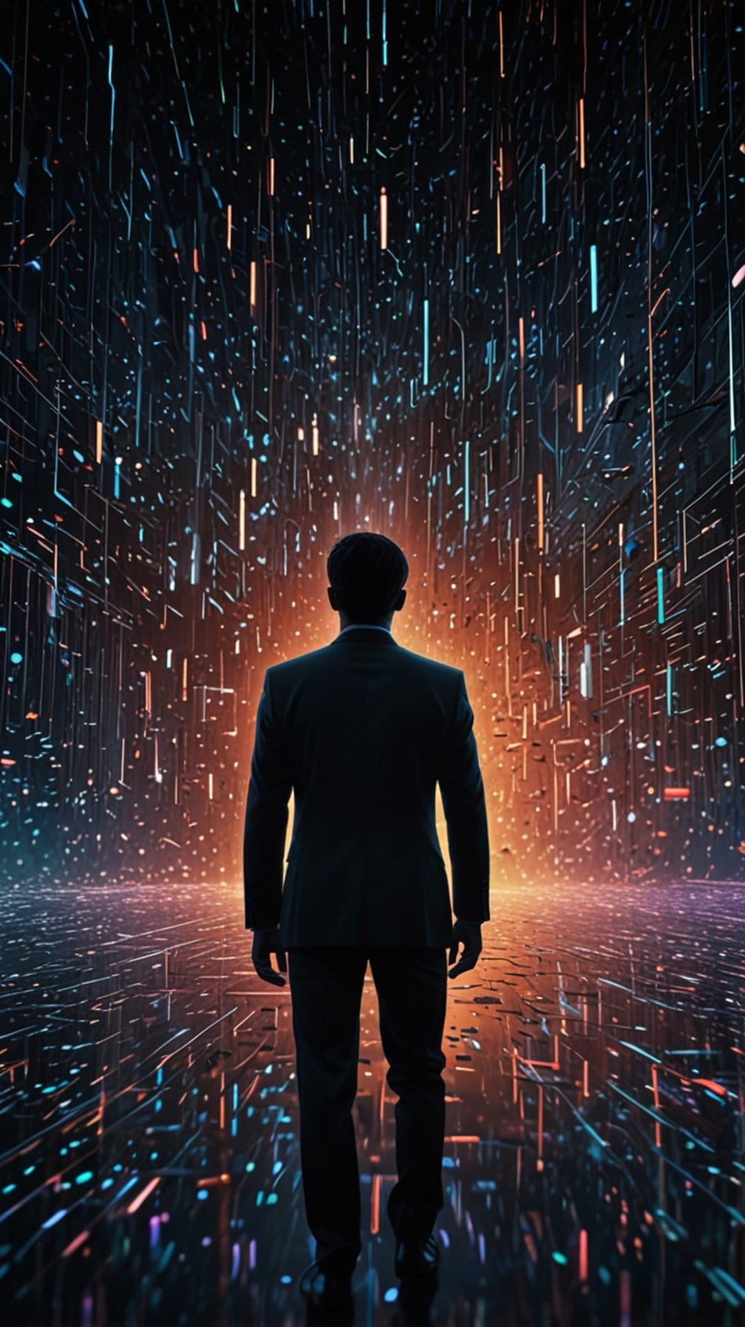 Man in a dark suit faces a luminous neon digital grid with floating binary code and glowing particles of light.