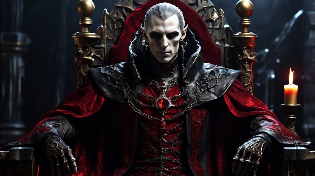 Vampire king in a red cloak sits on a carved throne while candle light illuminates his gaunt face and dark eyes.