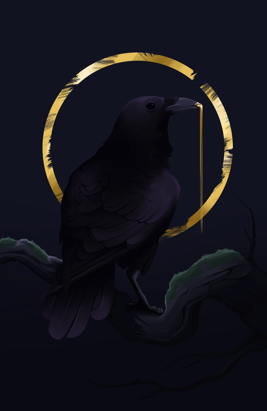 Black crow with a golden halo and dripping gold beak perches on a mossy branch against a dark blue background.