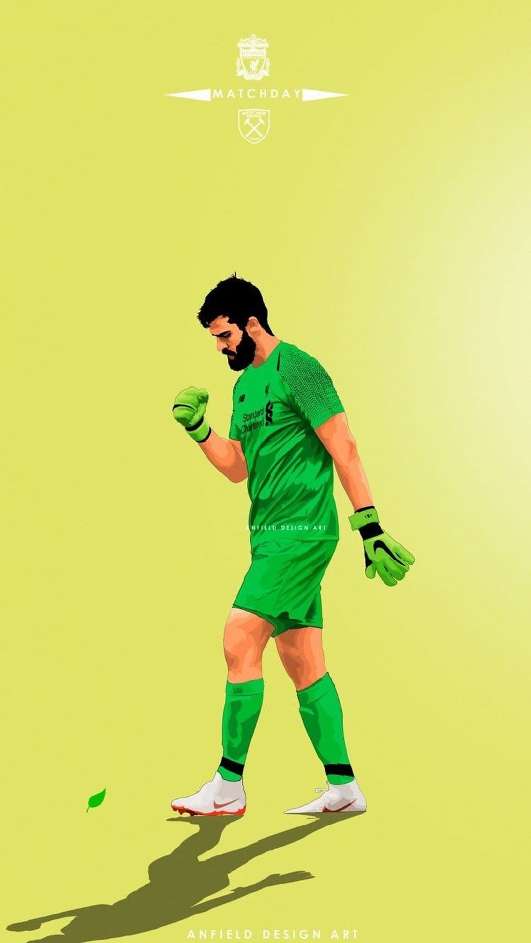 Alisson Becker wears a green goalkeeper kit while raising a clenched fist against a lime yellow background.
