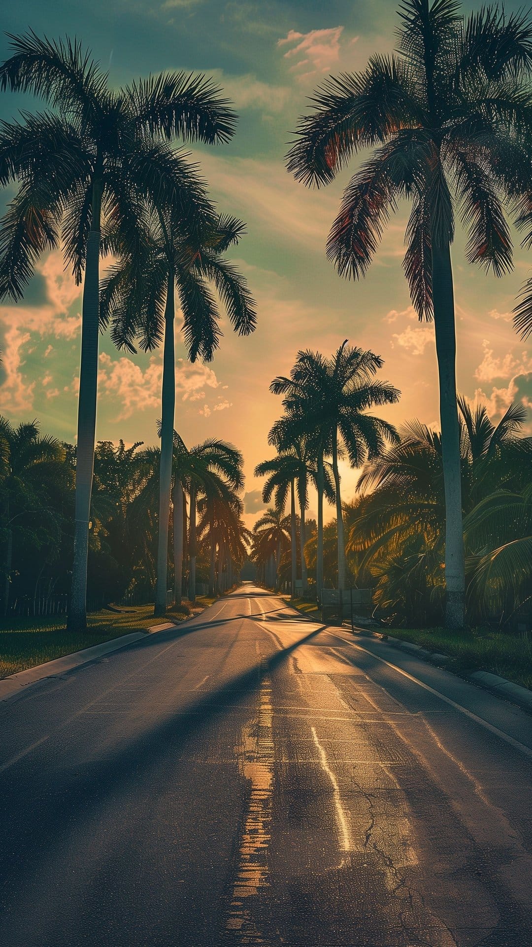 Tall palm trees line a wet road reflecting a vibrant orange sunset during golden hour in a tropical setting.