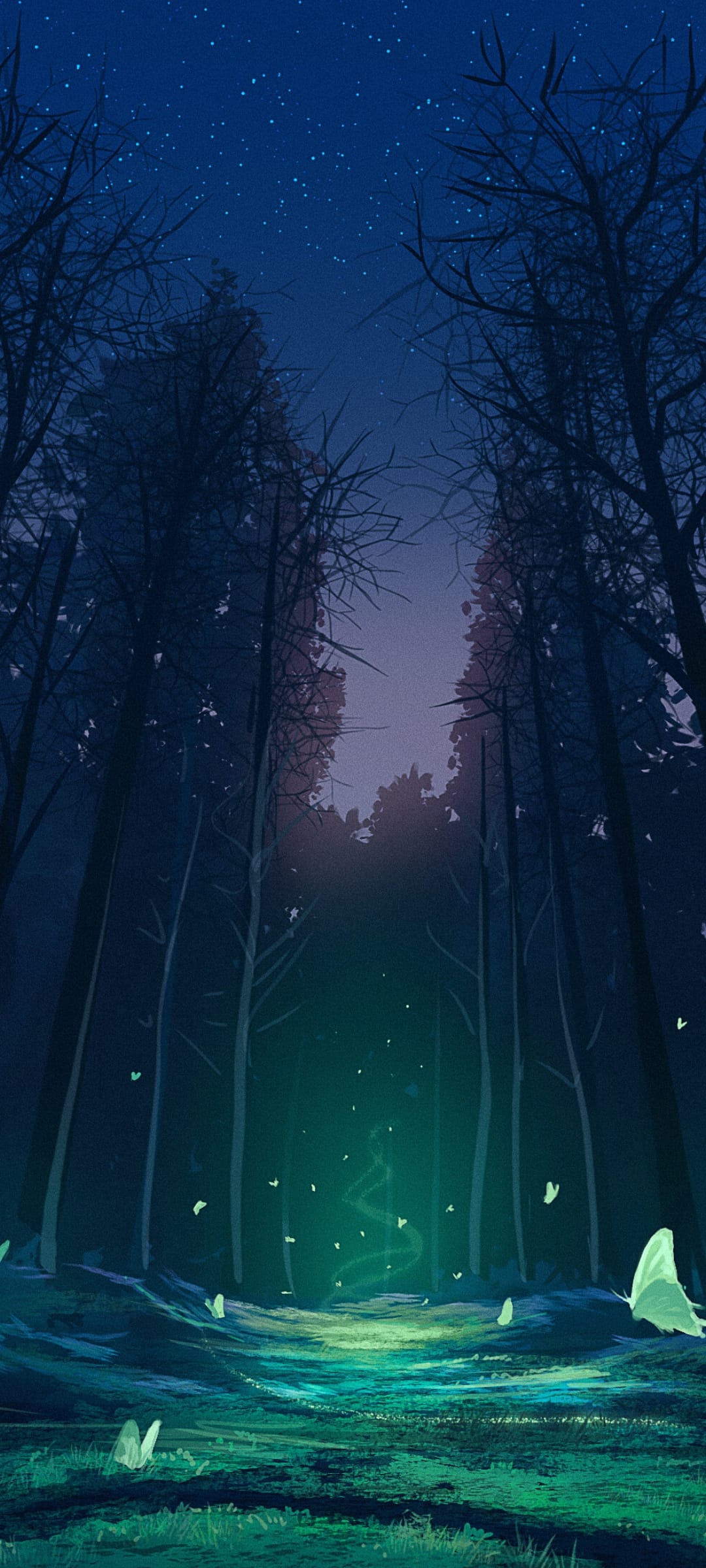 Glowing butterflies and fireflies hover over a moonlit forest path under a dark, starry night sky.