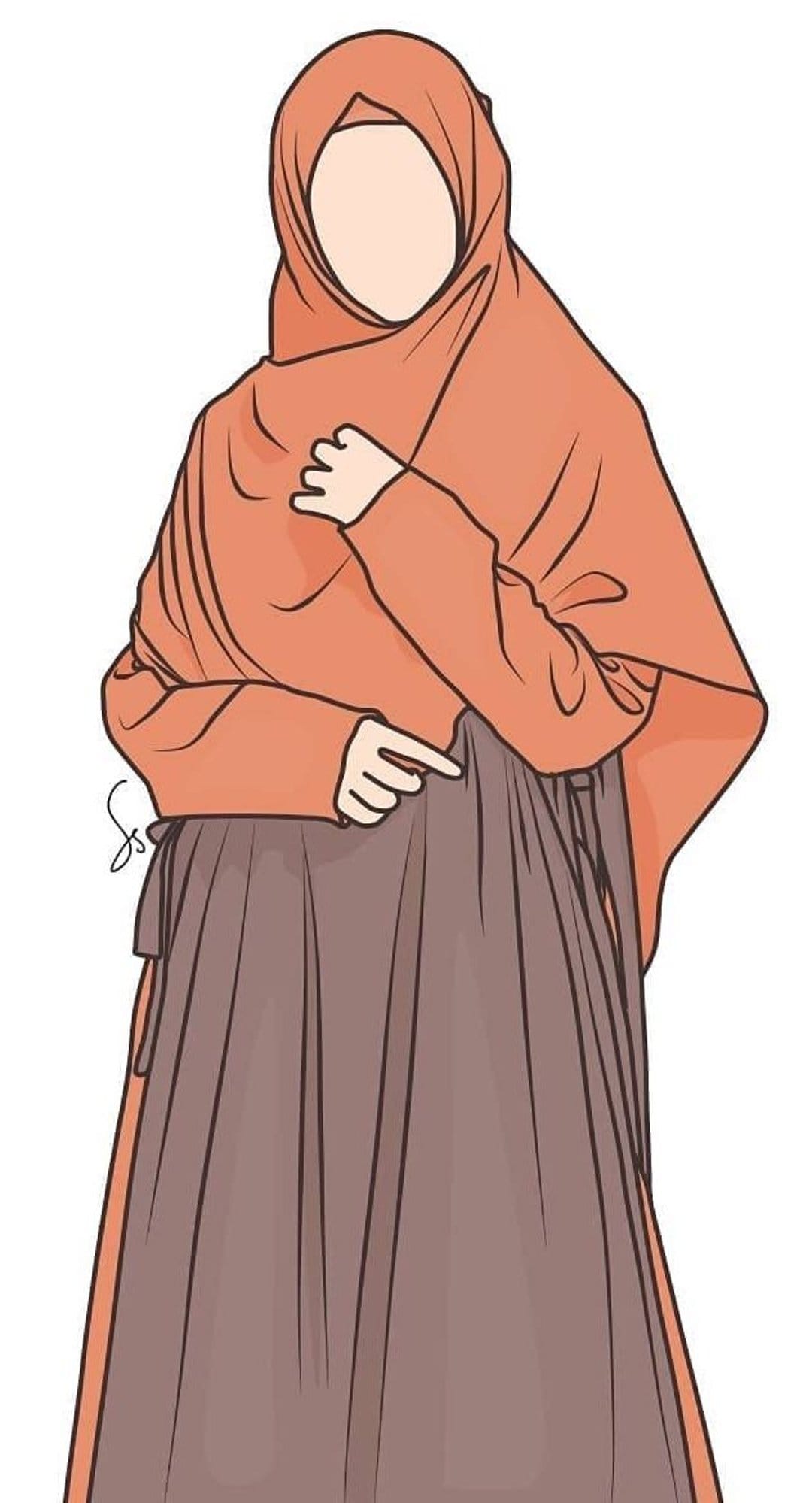 Woman wearing a vibrant orange hijab and long brown pleated skirt stands against a minimalist plain background.