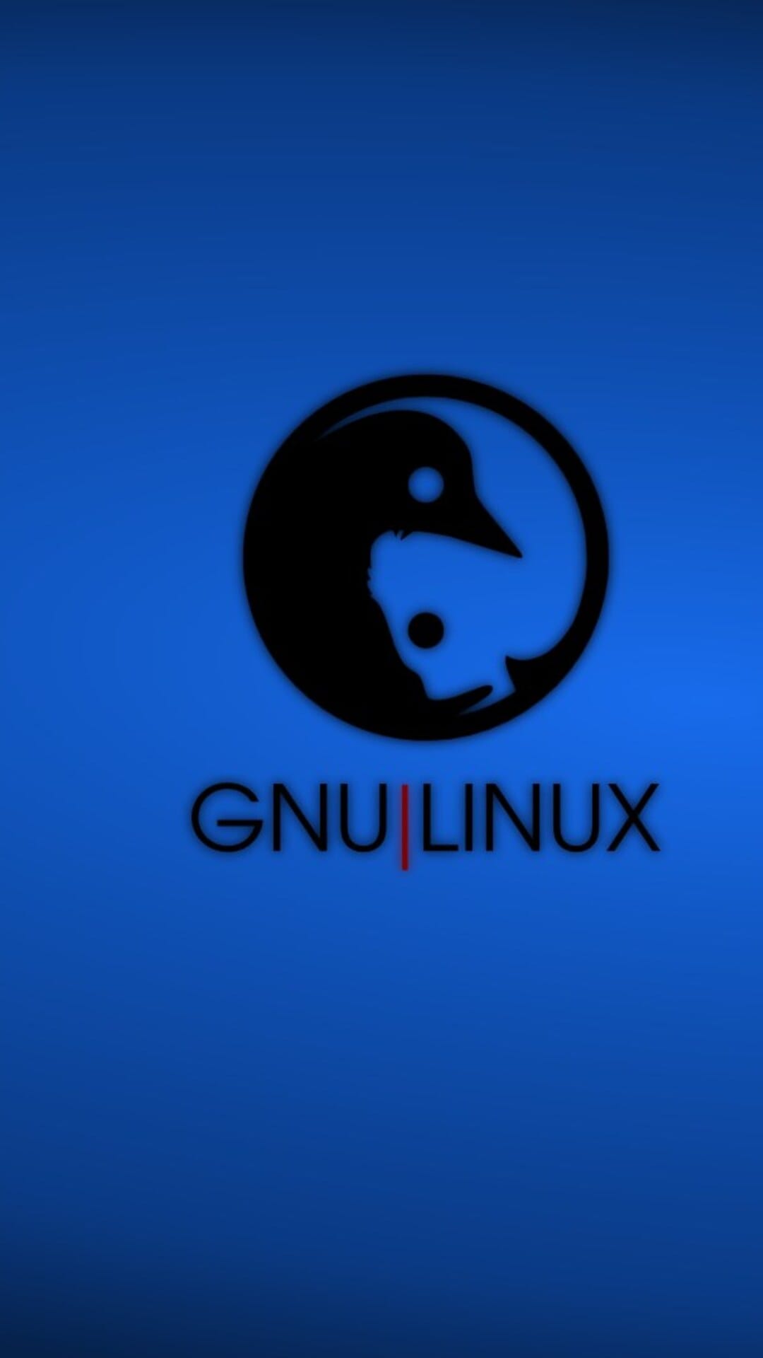 GNU logo and Tux penguin silhouette combined into a blue Yin Yang emblem with a red accent for mobile screens.