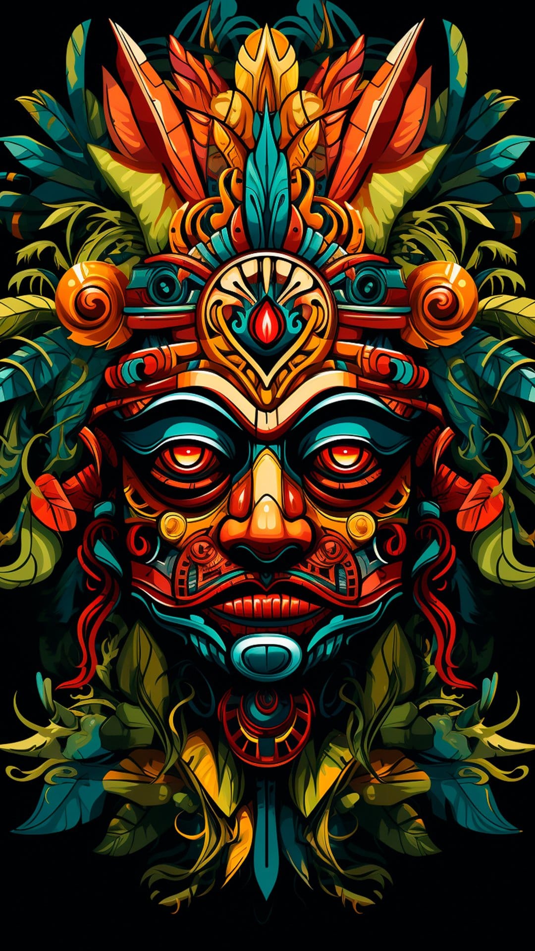 Mayan warrior mask with turquoise inlays and orange patterns surrounded by green tropical jungle leaves.