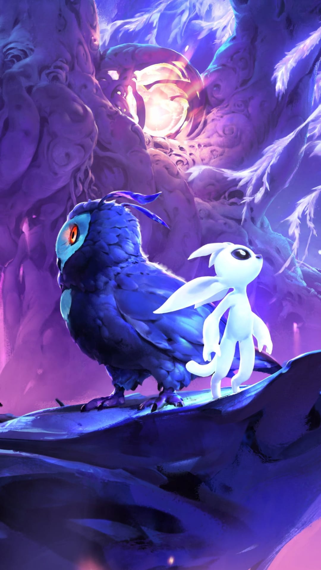 Ori and the owl Ku perch on a thick branch within a glowing purple forest filled with floating light orbs.