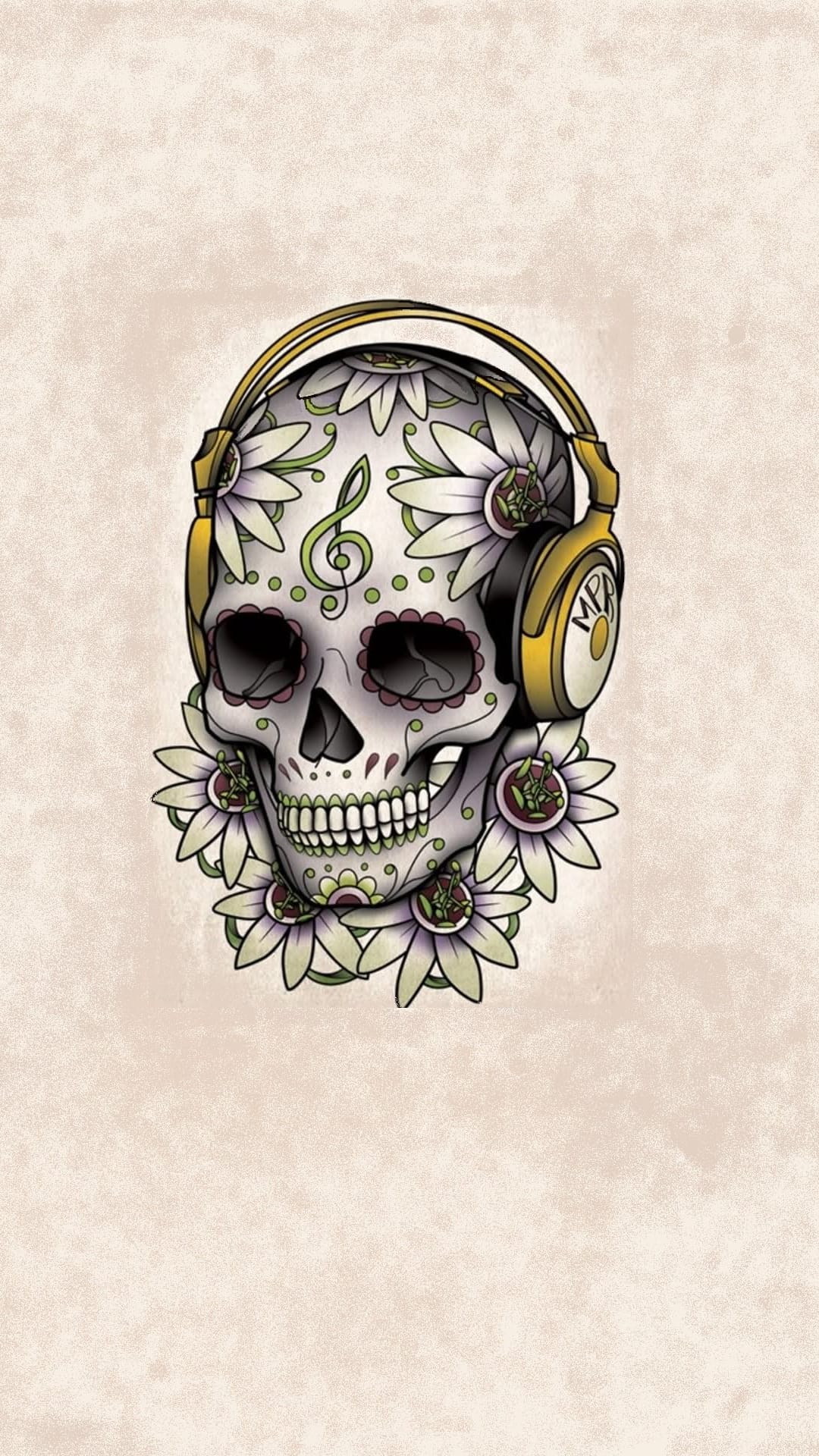 Sugar skull wearing headphones surrounded by bright flowers and a treble clef symbol on its forehead.