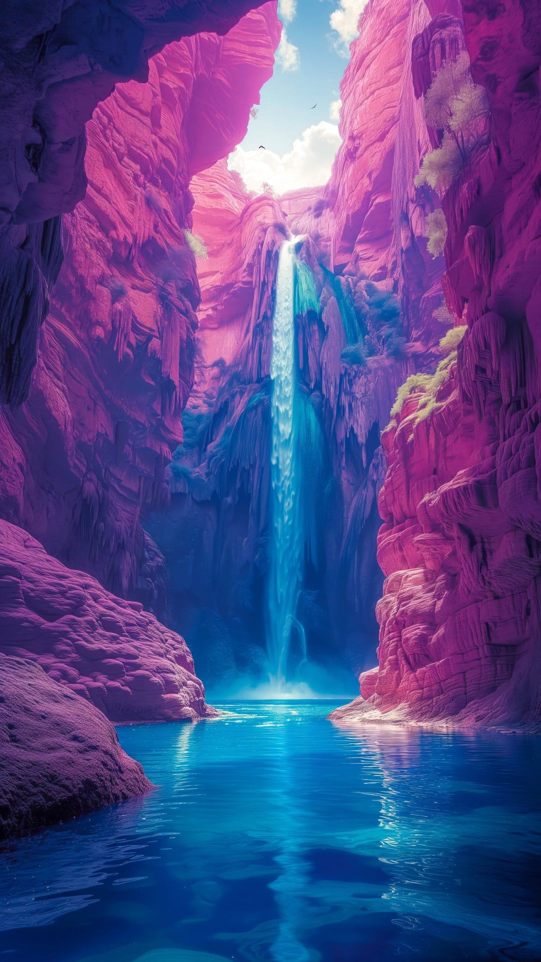 Waterfall cascading into a turquoise pool between high violet canyon walls under soft atmospheric lighting.