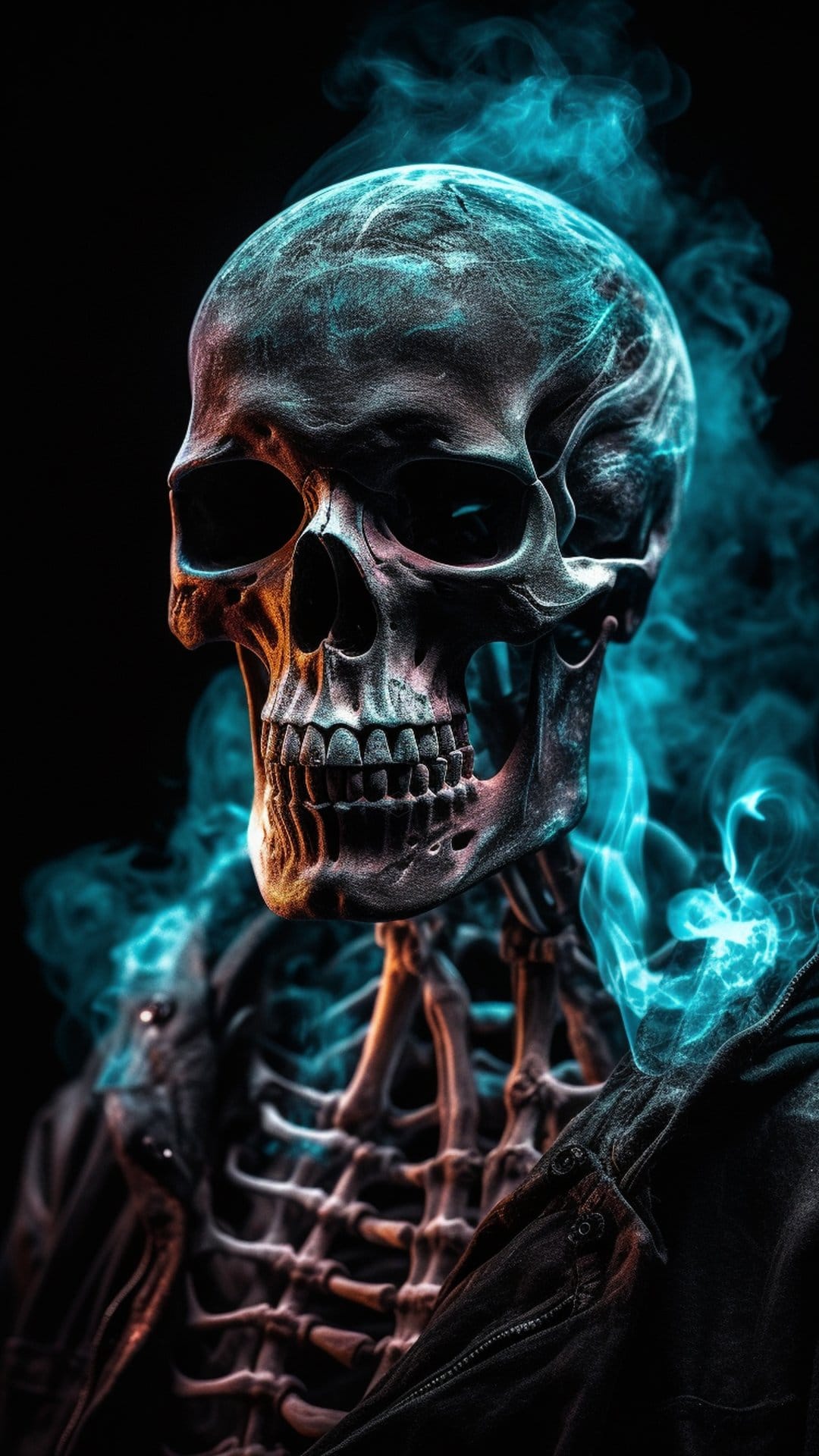 Human skull with realistic bone texture surrounded by swirling electric blue smoke against a dark background.