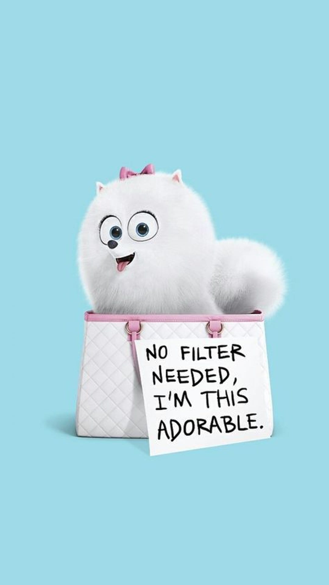 Fluffy white dog with a pink bow sits in a white quilted handbag against a light blue background.