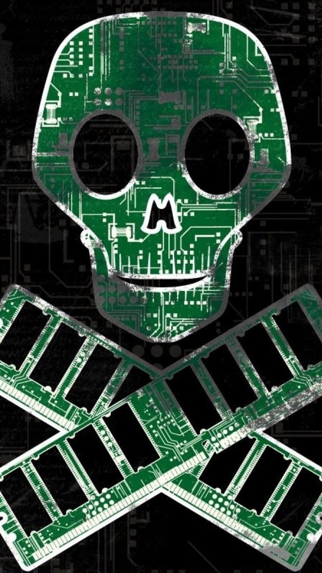 Luminous green circuit board skull with RAM stick crossbones centered on a dark technical motherboard background.
