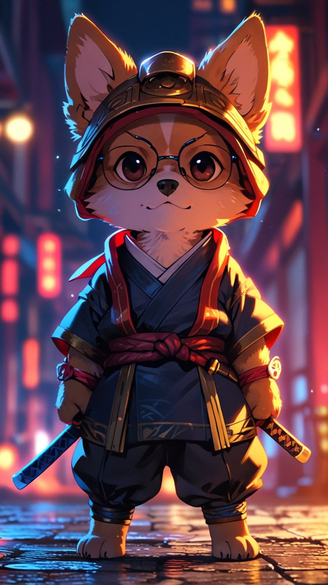 Corgi samurai wearing a blue kimono and glasses stands before glowing red lanterns on a dark city street.