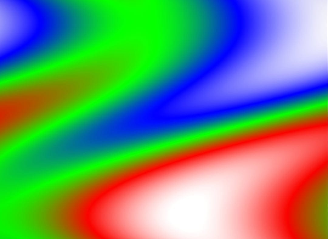 Radiant red and green light waves blend into deep blue curves within a fluid abstract vertical composition.