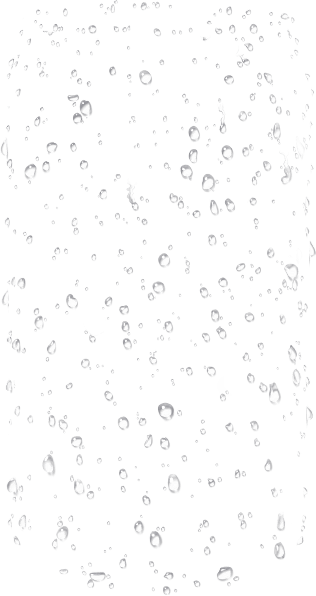 Transparent water droplets display realistic glossy textures and light refractions on a clear background.