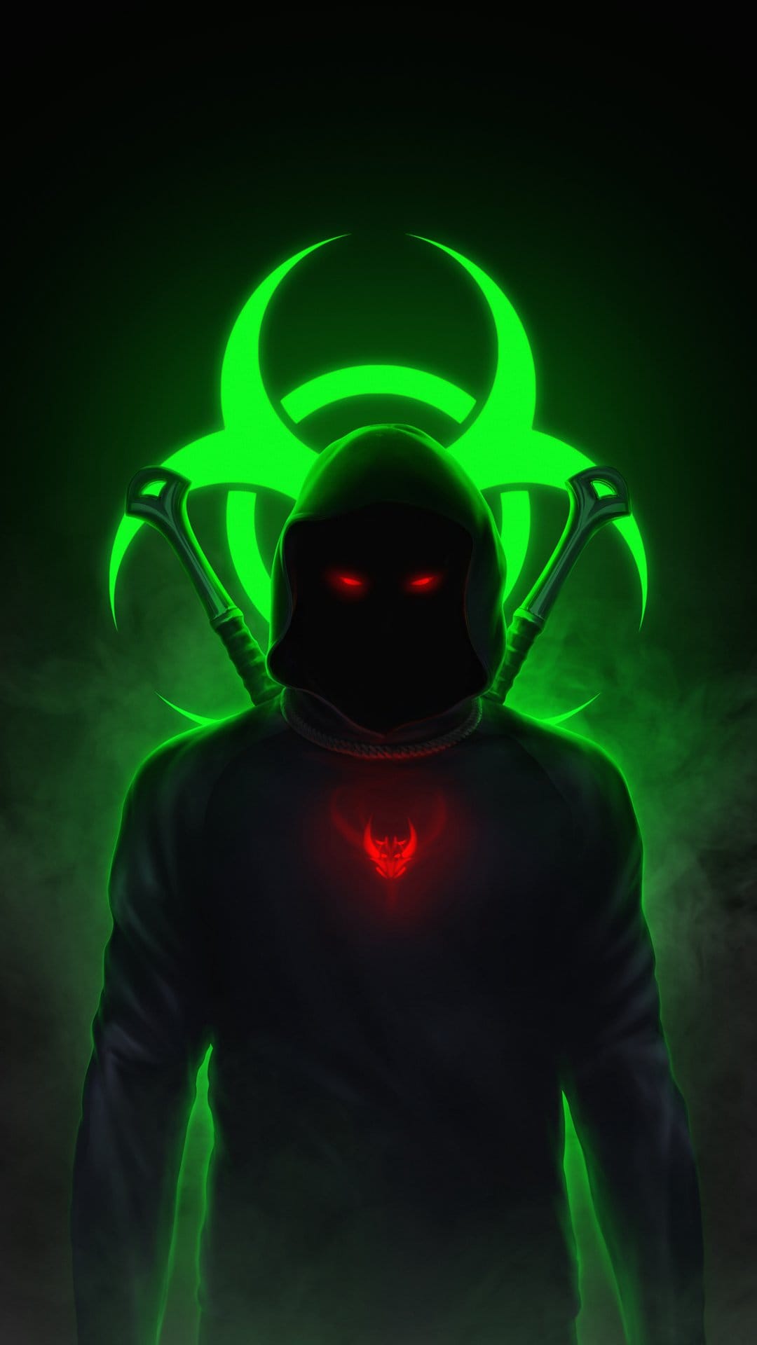 Hooded assassin with glowing red eyes and twin swords stands before a neon green biohazard symbol in thick smoke.