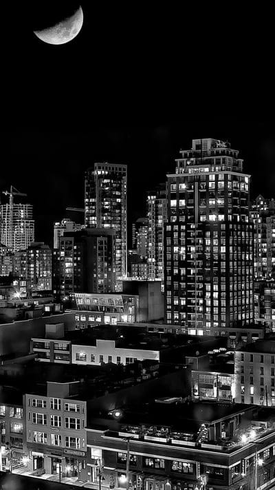 Cityscape, night, black and white, monochrome, urban, skyline, moon, buildings, illuminated, architecture, dark sky, city lights, urban landscape, metropolitan, crescent moon, nighttime, shadows, contrast, modern, downtown