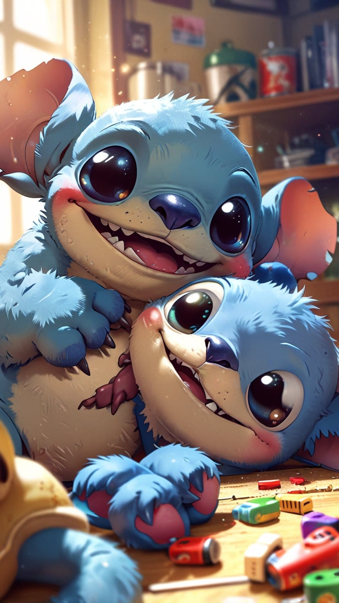 Two blue alien characters hug while surrounded by wooden toy blocks and a small red car in a soft-lit room.