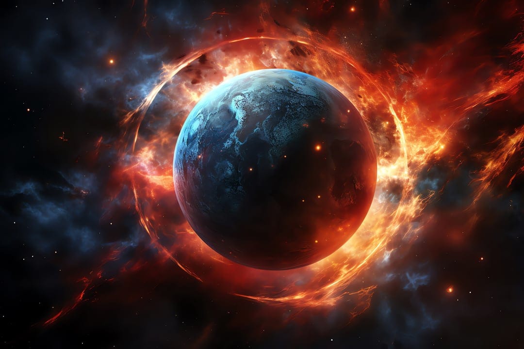 Planet surrounded by a glowing ring of orange fire and red nebula clouds in a dark, starry deep space environment.