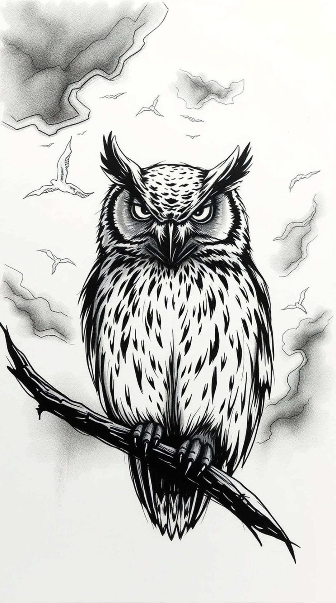 Predatory owl with sharp eyes perches on a gnarled branch beneath dark clouds and silhouetted birds.