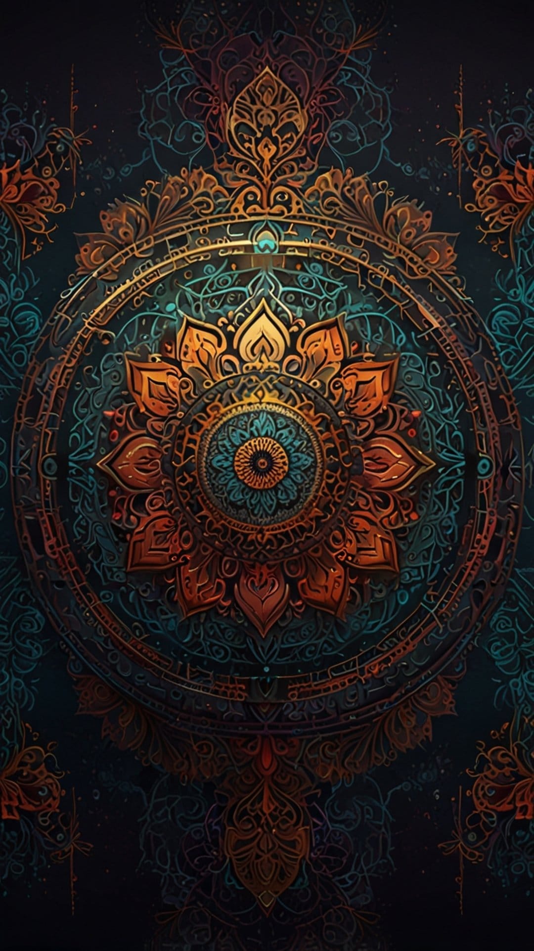 Golden circular mandala with intricate filigree and amber accents centered on a dark textured teal background.