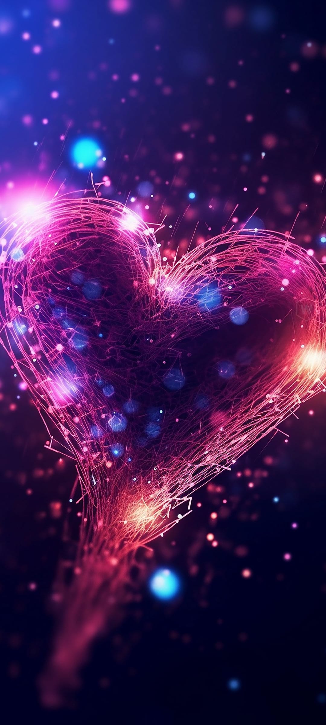 Pink wireframe heart glowing with magenta light surrounded by soft blue and pink bokeh sparkles on a dark base.