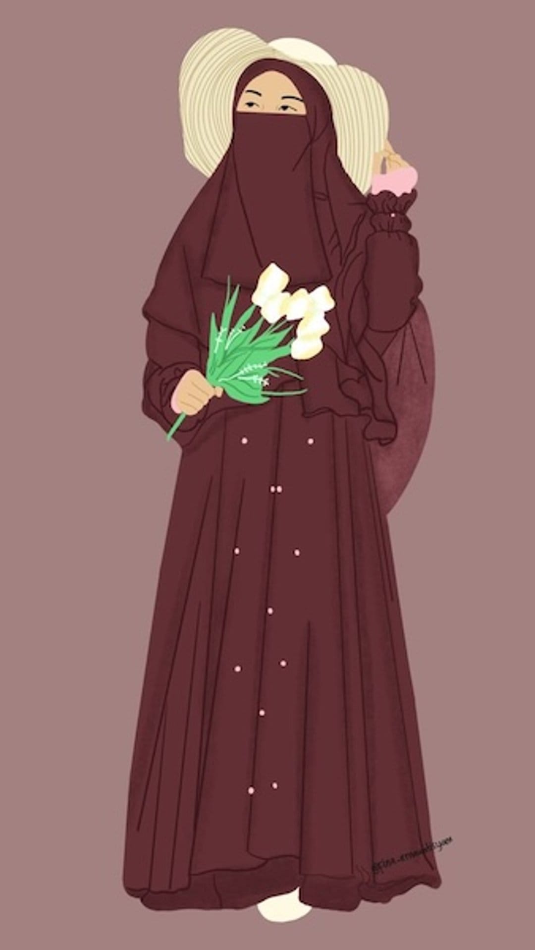 Muslim woman in a red hijab and straw hat holds white flowers against a plain minimalist background.