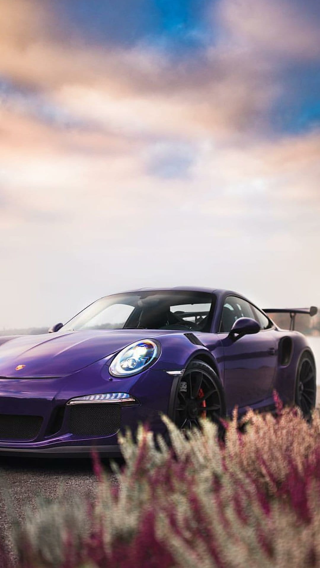 Purple Porsche 911 GT3 RS parked in tall grass under a vibrant sunset sky with colorful orange and pink clouds.