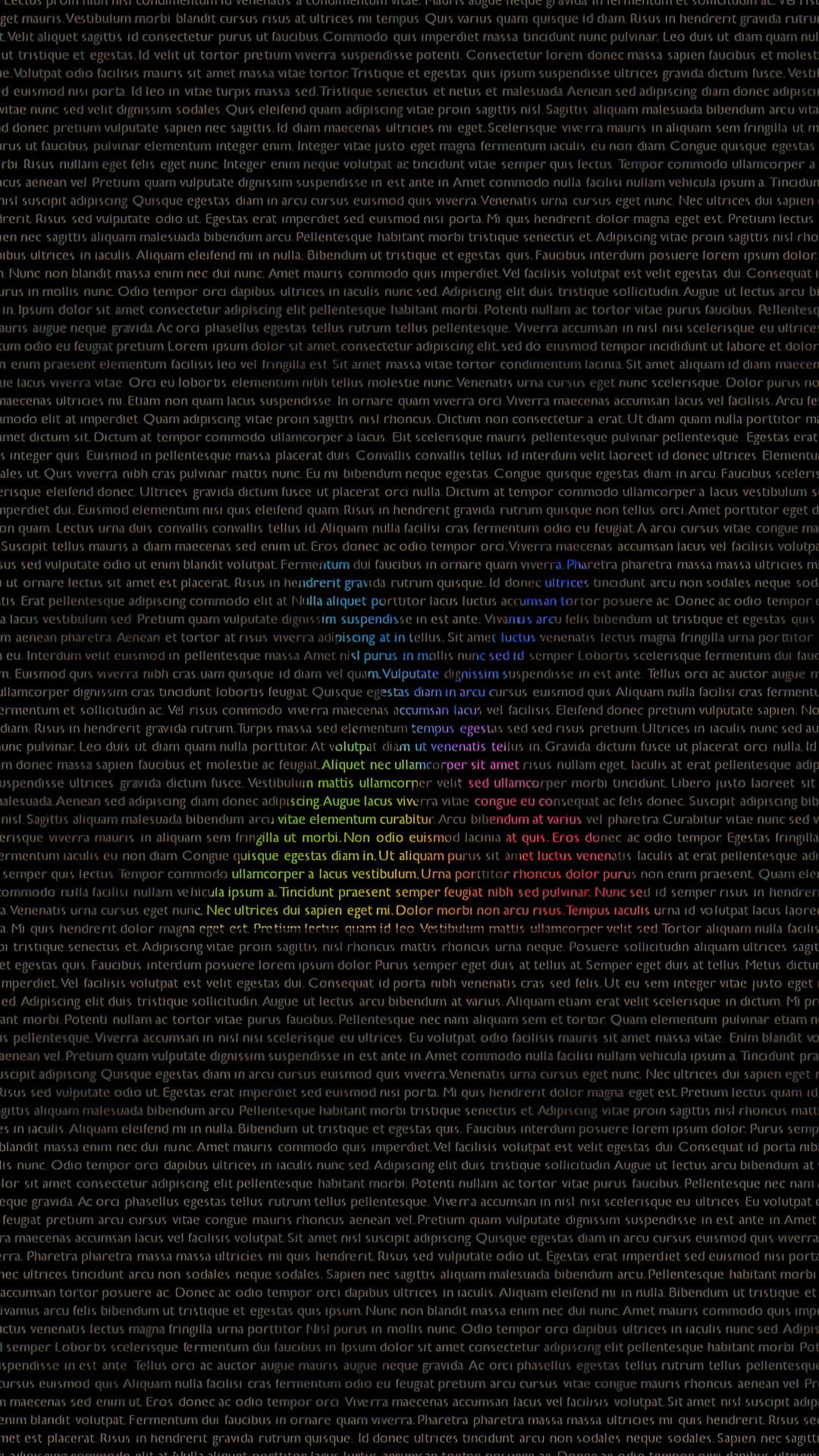 Dark Latin text on a black surface with selective rainbow-colored glowing highlights on specific words.