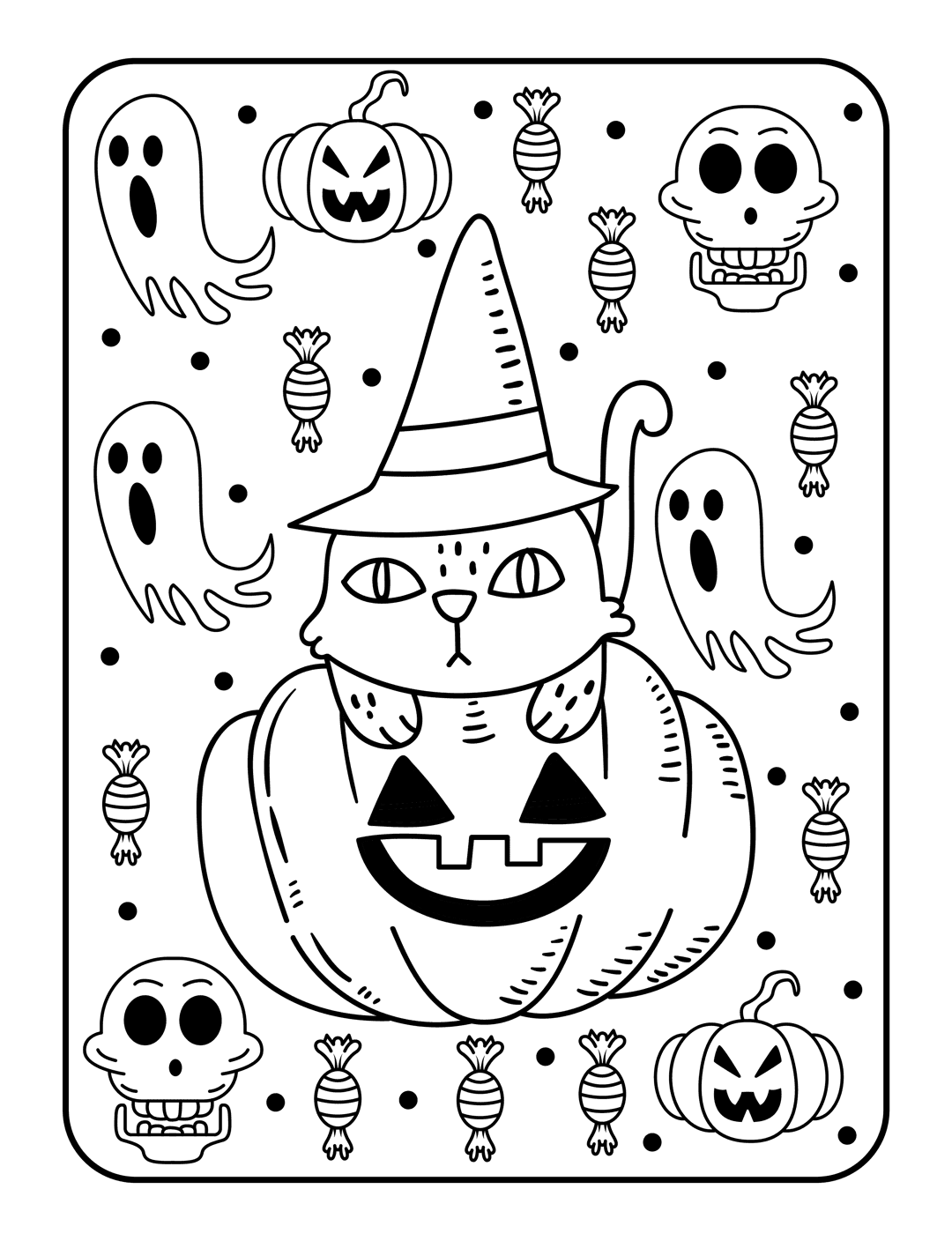 Halloween cat coloring page shows feline wearing witch hat inside jack-o-lantern with ghosts and skulls.