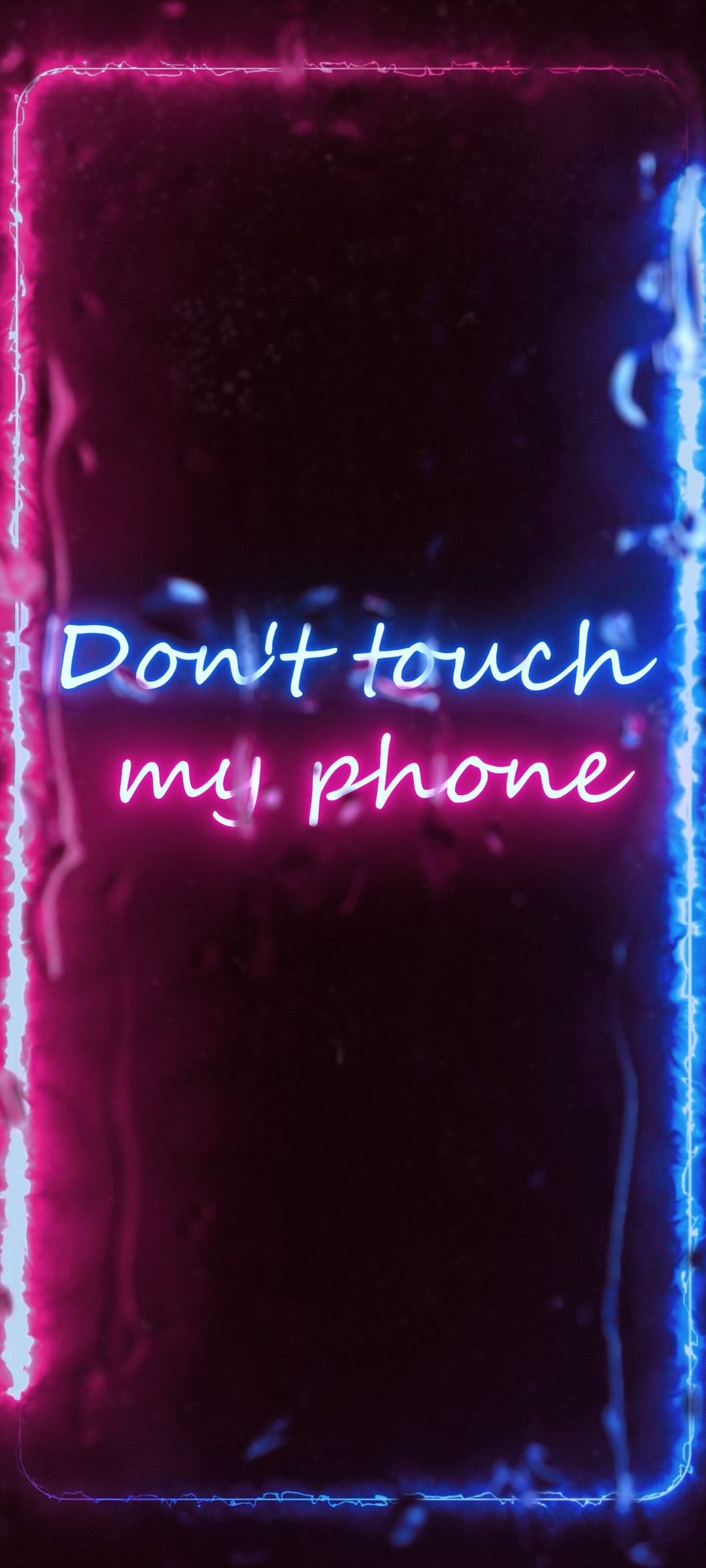Neon sign with Don't Touch My Phone text glowing in pink and blue surrounded by electric lightning bolts.