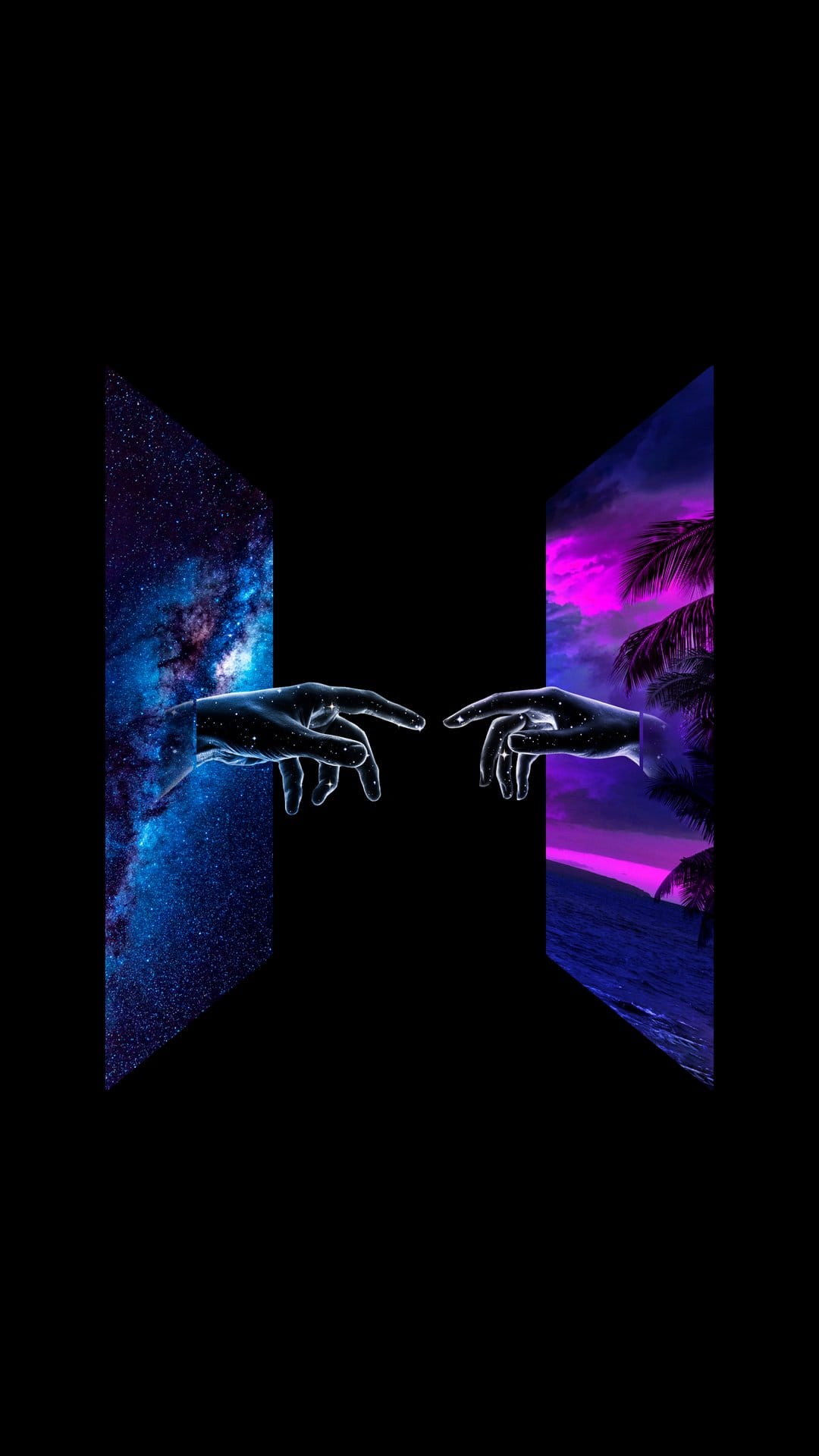 Two luminous hands nearly touching over a neon tropical landscape with palm trees and a swirling galaxy sky.
