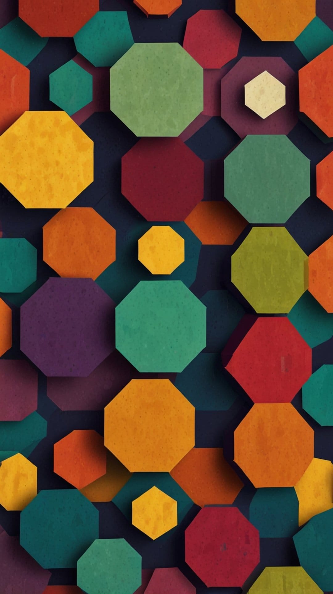 Overlapping colorful octagons with matte textures and soft shadows set against a dark grainy background.
