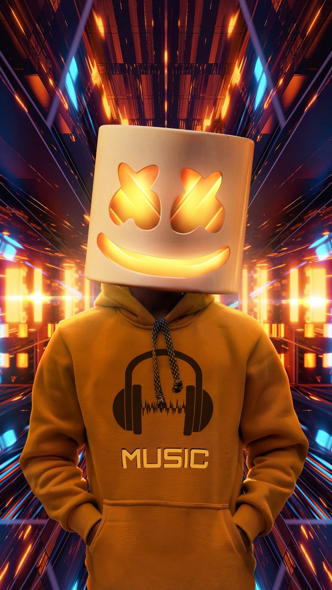 Marshmello wearing an orange music hoodie and headphones in a glowing blue and orange neon light tunnel.