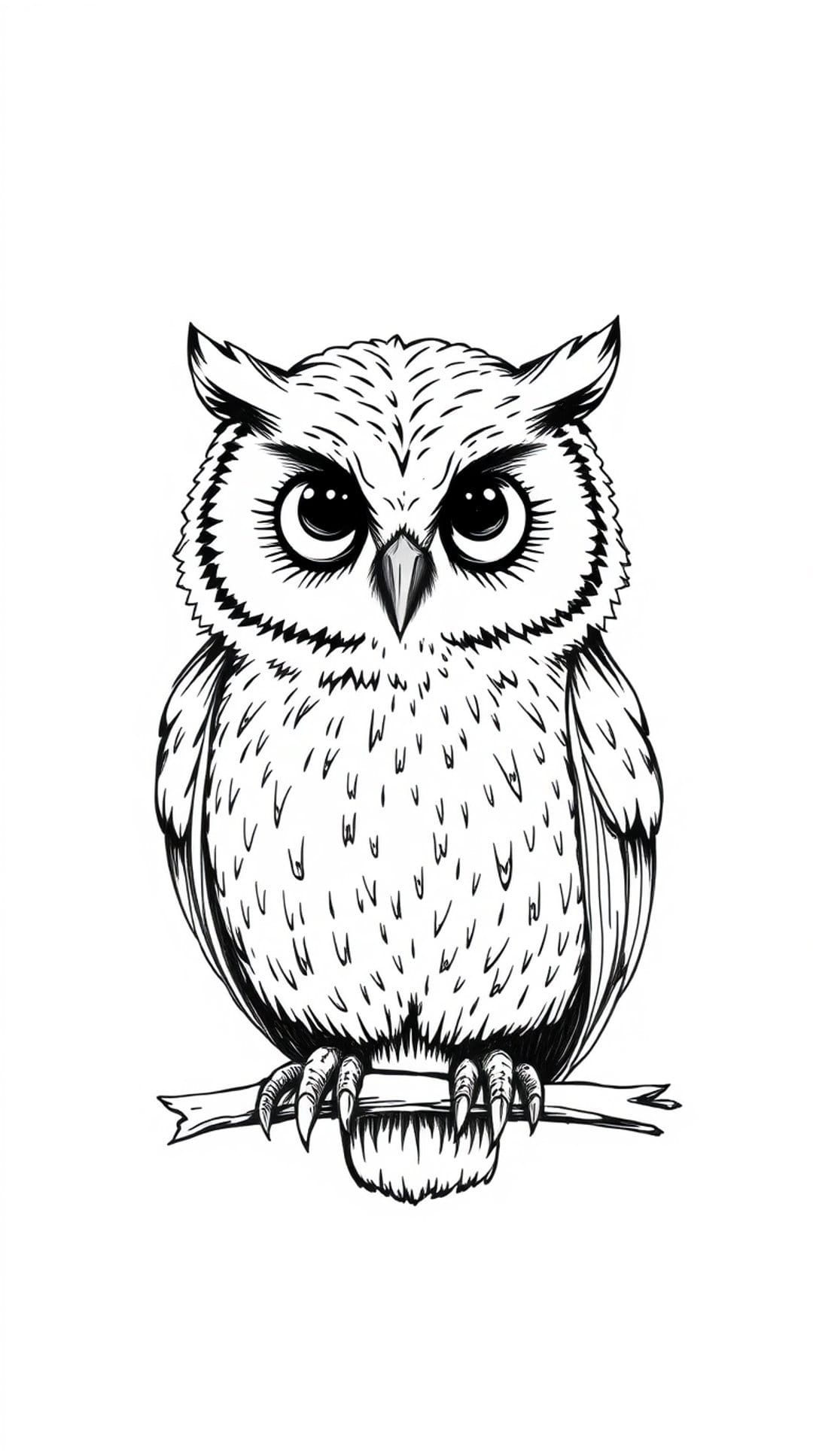 Owl with large eyes and textured feathers sits on a tree branch in a high-contrast black and white composition.