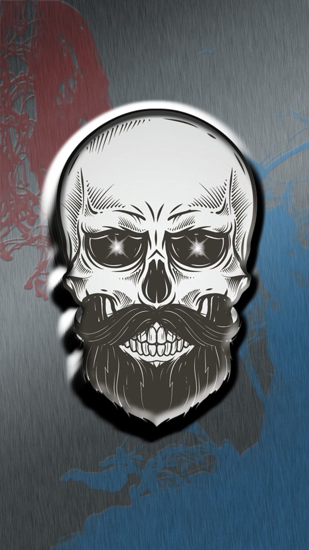 Bearded skull with glowing eyes and red paint splatters over a brushed metal texture in vertical orientation.