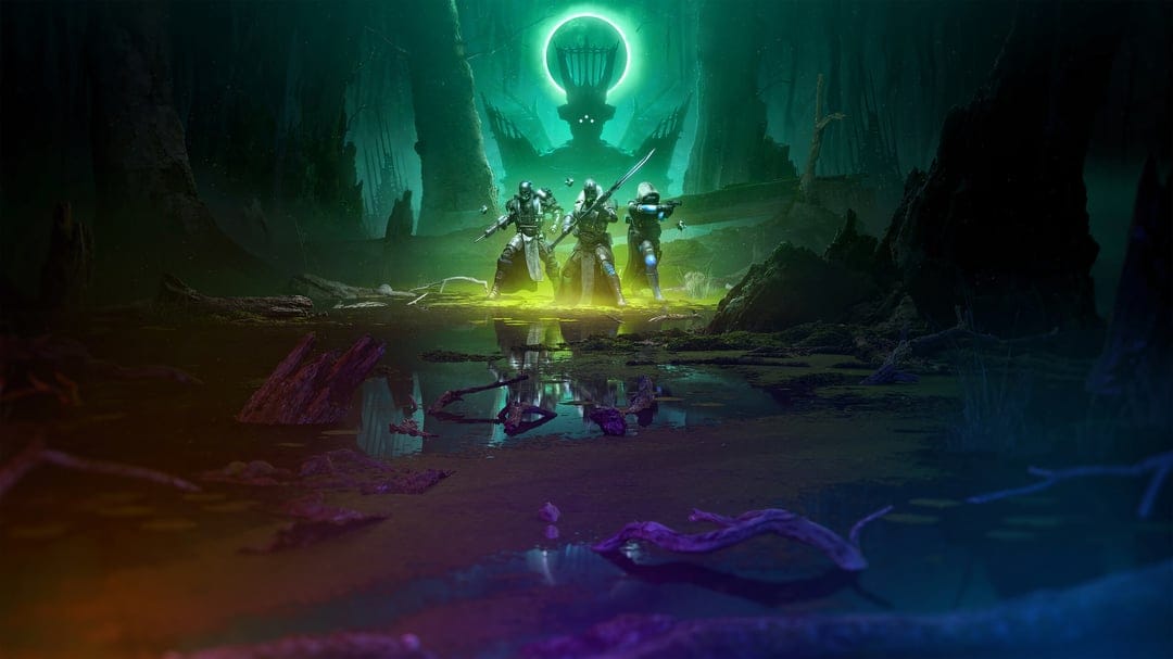 Three armored guardians stand in a dark swamp before a giant glowing green silhouette and halo in a forest scene.