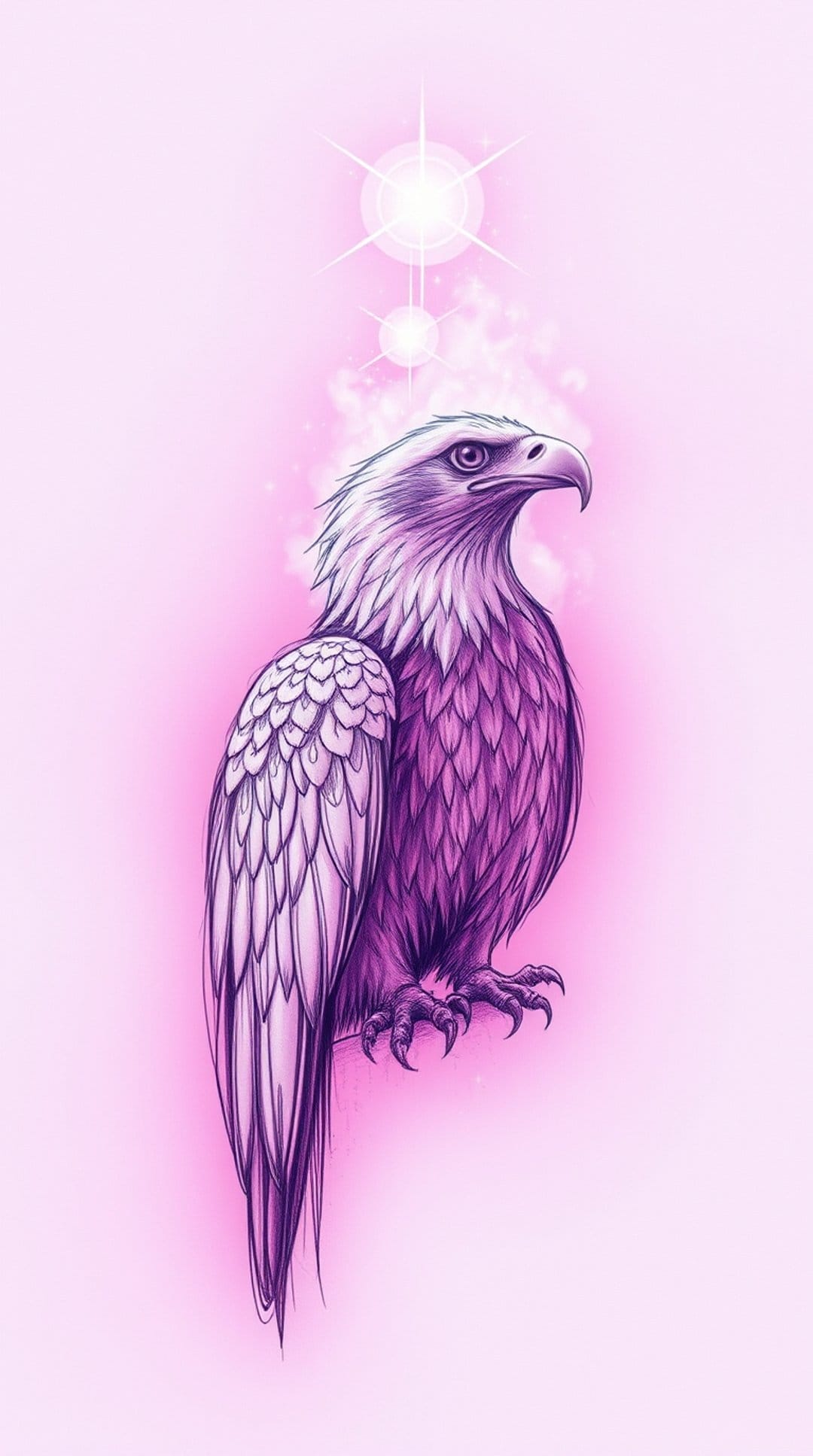 Purple eagle with detailed feathers and sharp talons flies against a pink sky with two glowing stars and wisps.