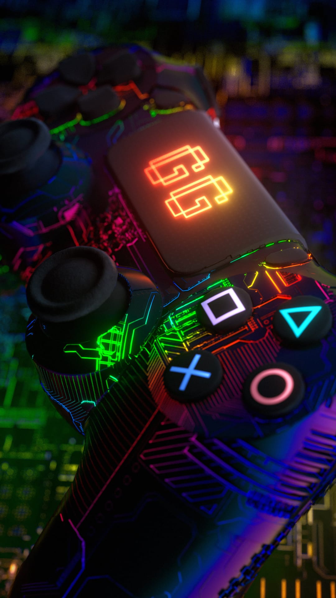 Black gaming controller with glowing neon circuitry, colorful PlayStation icons, and an orange GG logo on the pad.