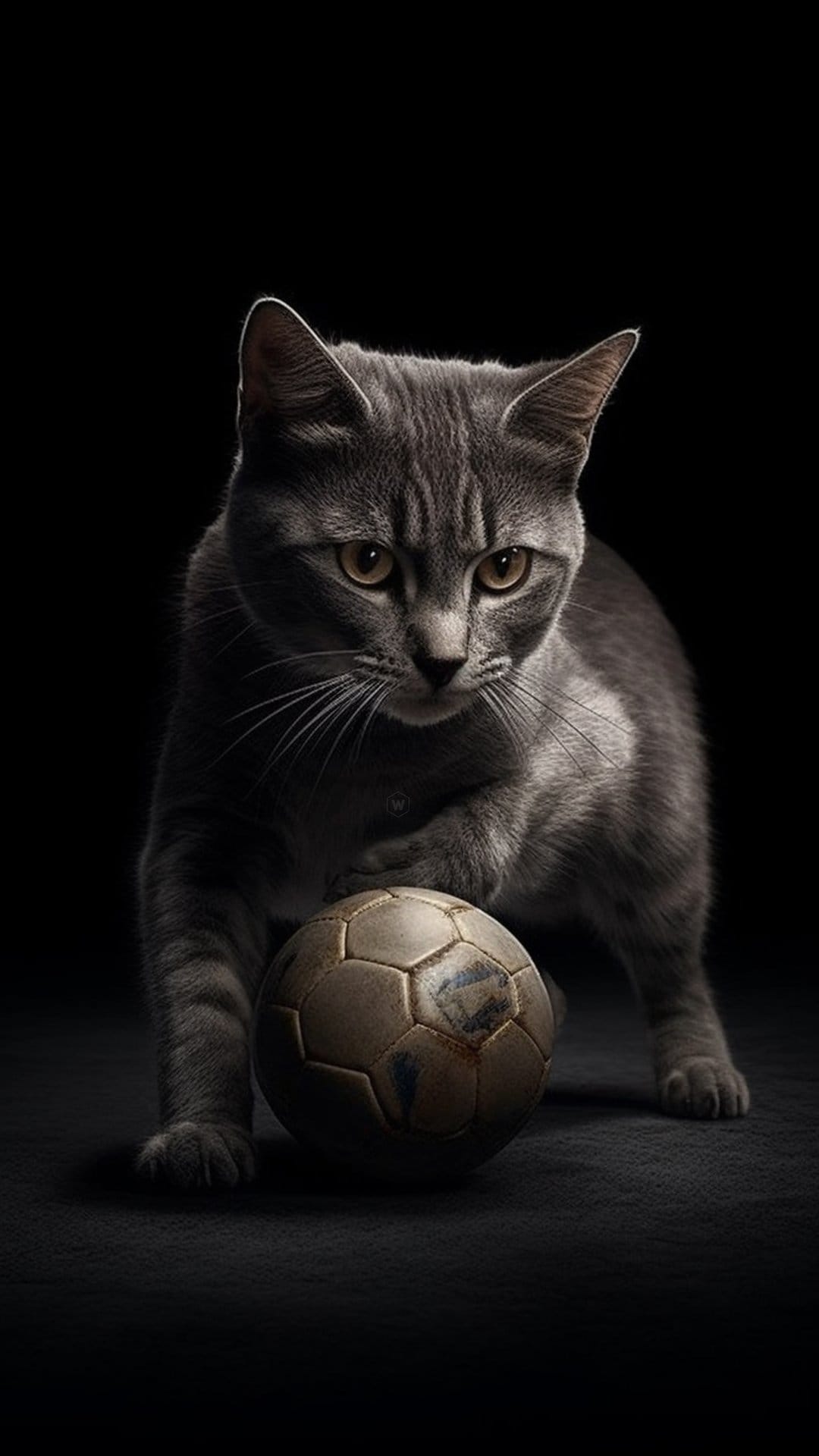 Grey tabby cat sits next to a vintage leather soccer ball under dramatic rim lighting against a black background.