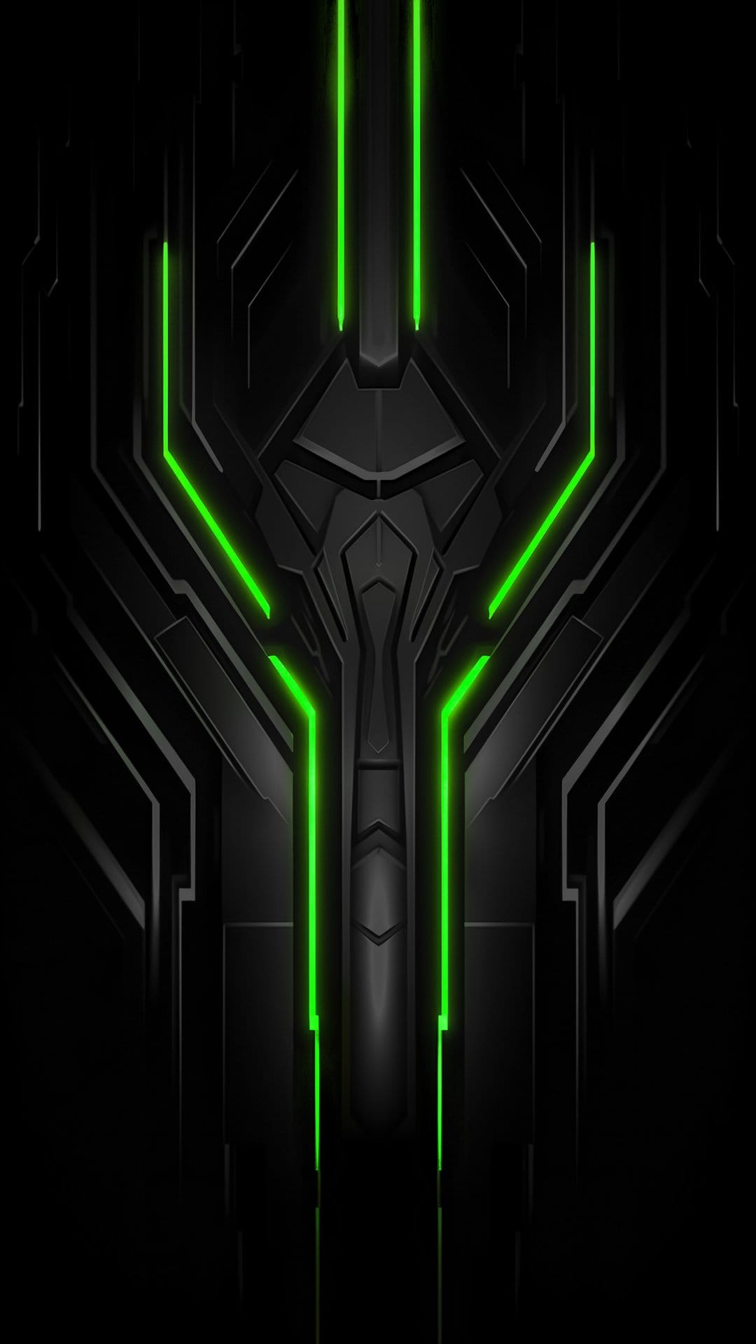 Neon green geometric lines and sharp glowing angles overlay a deep black futuristic technical background.